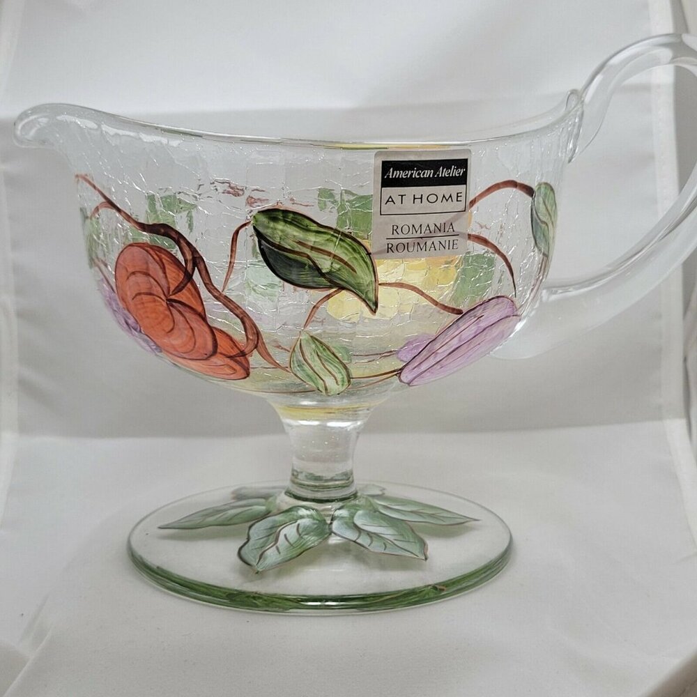 American Atelier‎ Crackle Glass Fruit Gravy Boat Pitcher Romania Hand Paint Leaf